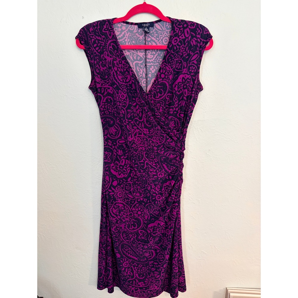 Chaps Purple Paisley Faux Wrap Dress S Cap Sleeve Stretch Wedding Guest Resort